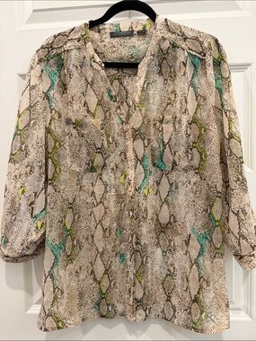 Covington Neutral Snake Print Blouse with Teal and Lime Accents